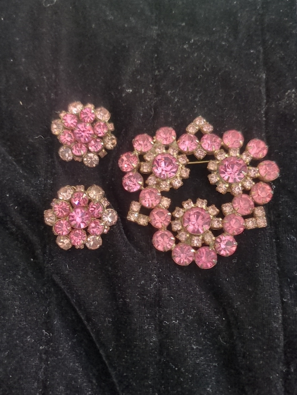Vintage Pink Crystal Floral Brooch and Clip-On Earring Set - Dazzling